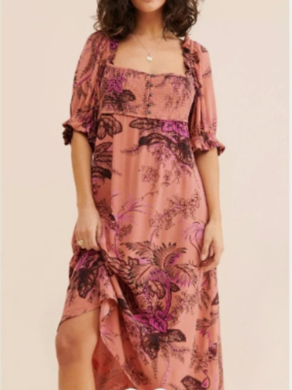 By Anthropologie Smocked Midi Dress Size Large Pink Bird Floral Ruffle Sleeve